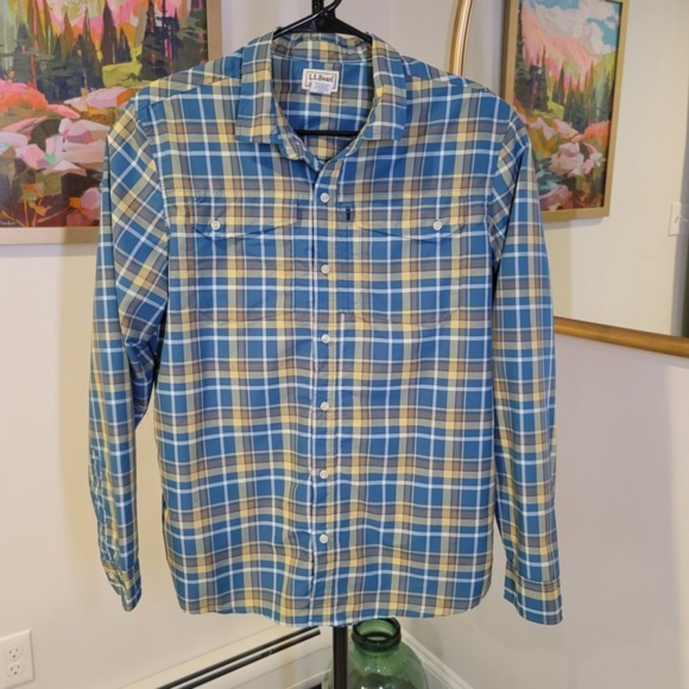 LL Bean Mens Technical Plaid Button Down Shirt Blue Yellow L-REG